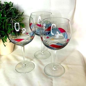 Set of 3 stunning Mosaic art glass hand blown swirl Balloon Wine glasses